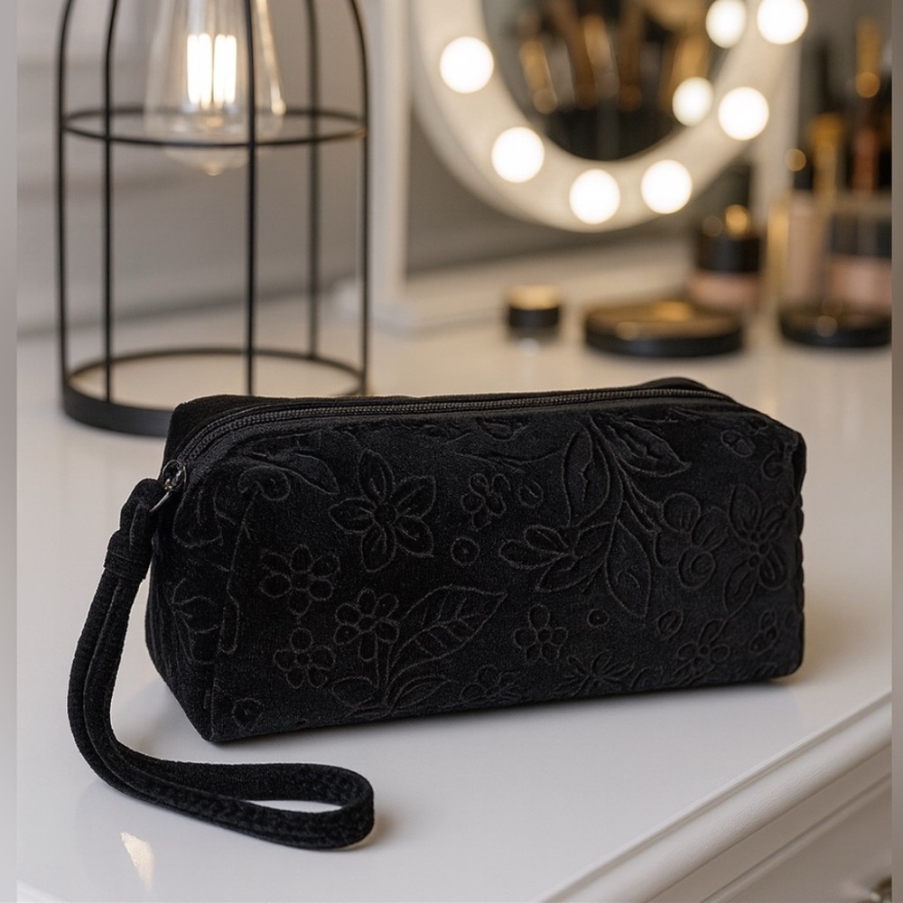 Black Velvet Floral Makeup Bag Wristlet Elegant Embossed Cosmetic Case for Women